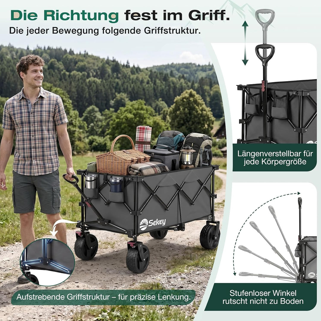 Sekey XXL Plus Bollerwagen Faltbar mit Bremsen 200L 200KG Belastbar, Extra Breite Reifen All Terrain