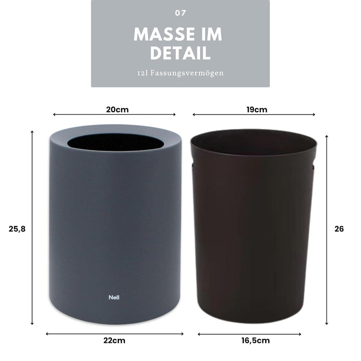 Nell 8L Mülleimer Bad Grau Matt – Eleganter Kosmetikeimer und WC Mülleimer, Vielseitiger Büro- und B