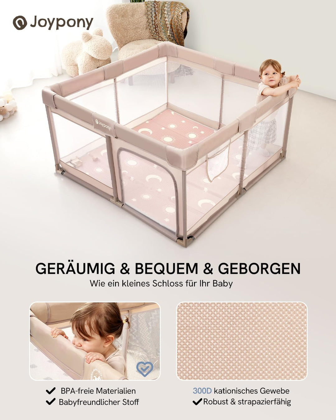 Joypony Baby Laufstall 127 x 127 cm mit Matte, Laufgitter Baby mit atmungsaktivem 360° Netz, rutschf