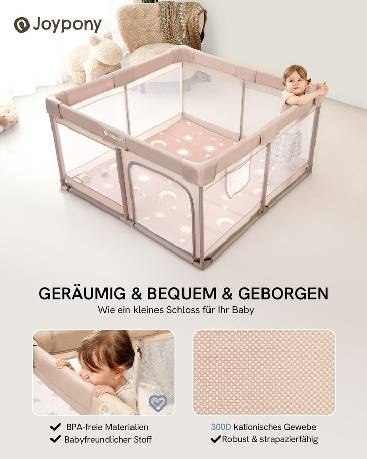 Joypony Baby Laufstall 127 x 127 cm mit Matte, Laufgitter Baby mit atmungsaktivem 360° Netz, rutschf