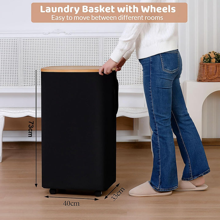 Bambus Wäschekorb 110L mit Rollen und Deckel, faltbare Wäschebox für Bad und Schlafzimmer (BLACK) Sc