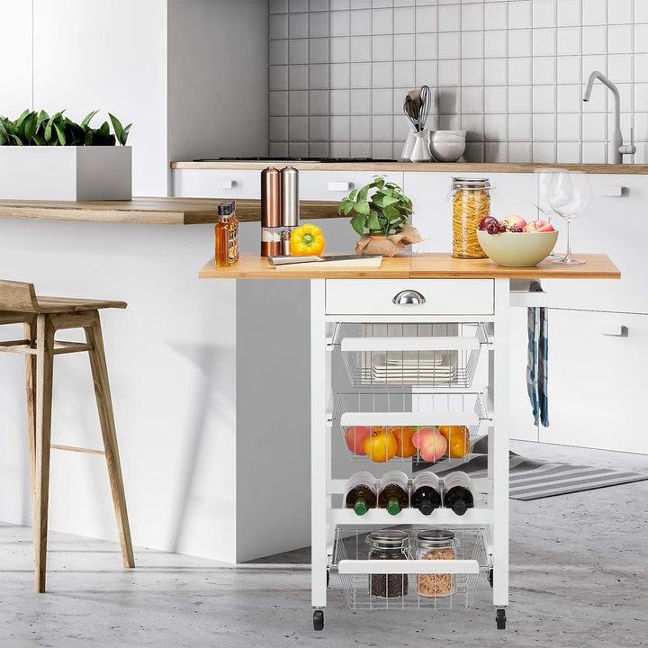 Relaxdays Küchenwagen, Küchenbutler mit klappbarer Arbeitsplatte, Landhausstil, 3 Körbe, Messerblock