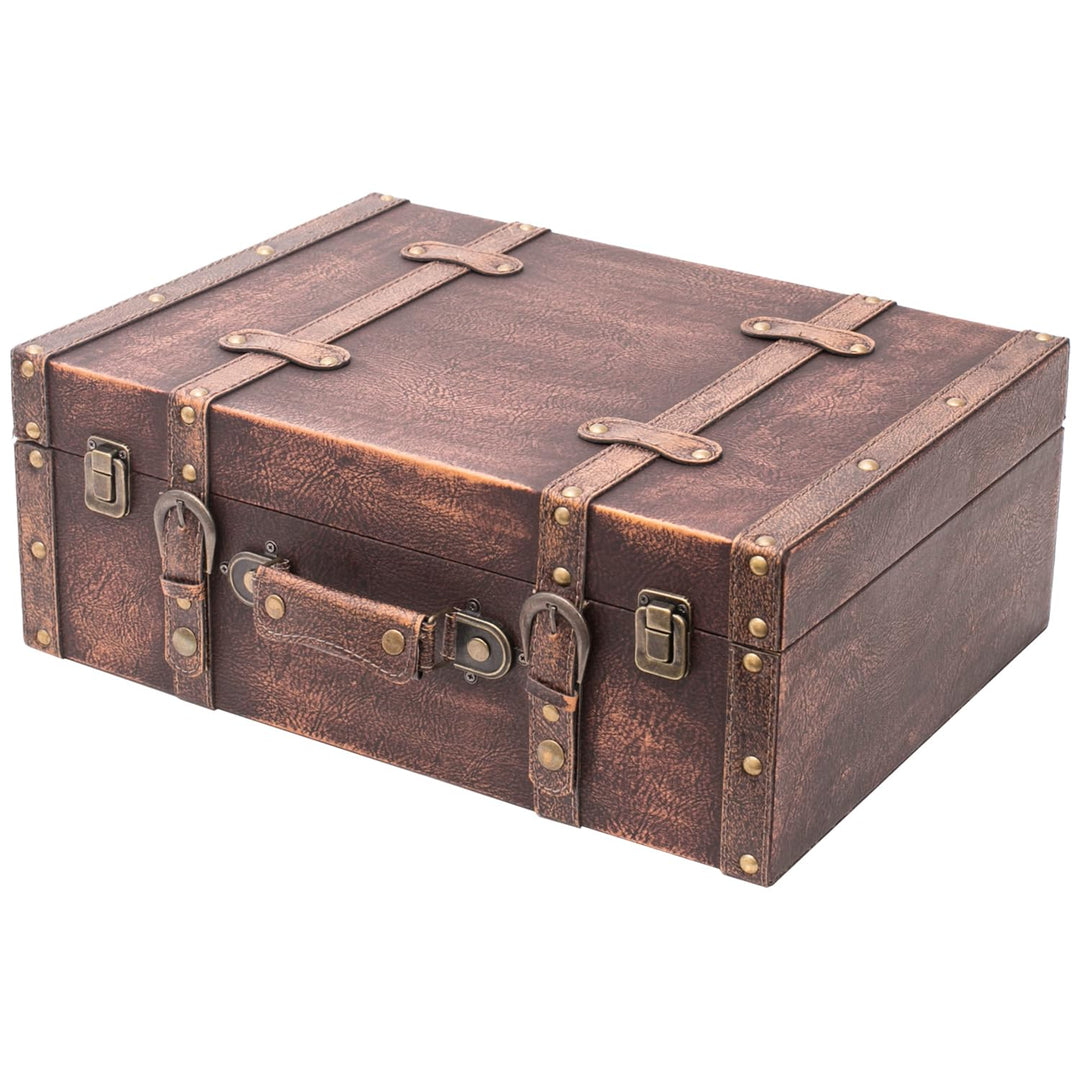 HMF Vintage Deko Koffer aus Holz, Aufbewahrungsbox mit Deckel und Ledergriff, stilvolle Aufbewahrung
