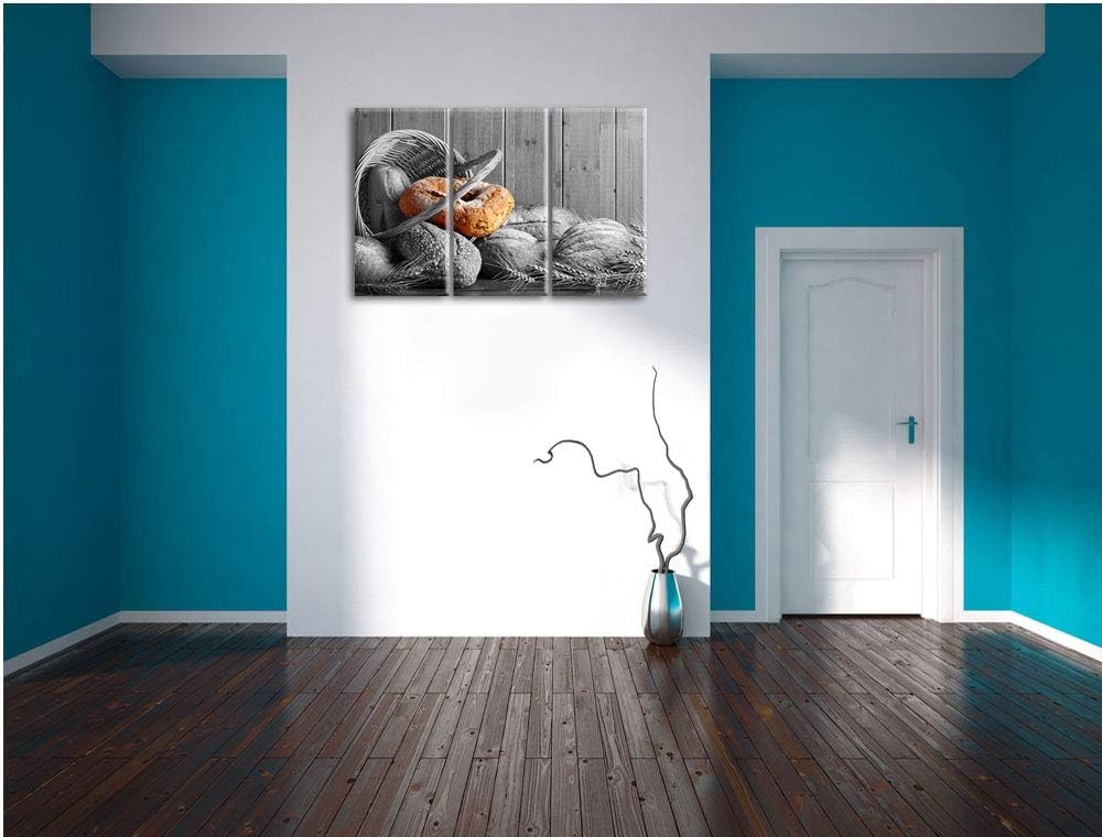 frisch gebackene Brötchen in geflochtenem Korb schwarz/weiss 3-Teiler Leinwandbild 120x80 Bild auf L