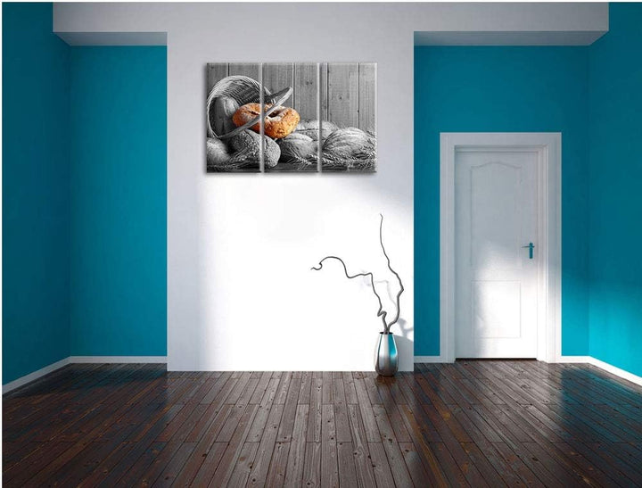 frisch gebackene Brötchen in geflochtenem Korb schwarz/weiss 3-Teiler Leinwandbild 120x80 Bild auf L