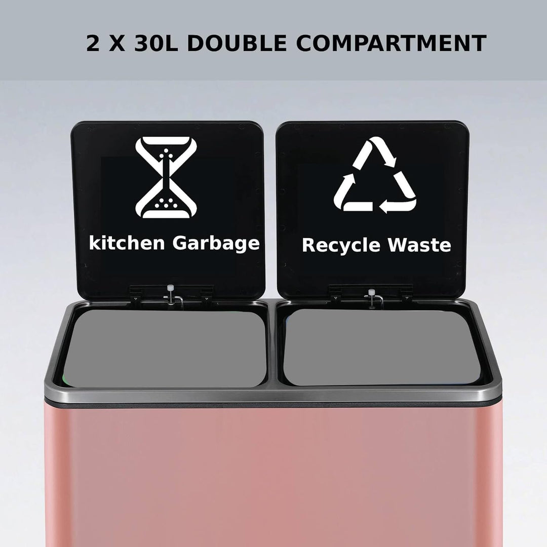 Clevich Mülleimer Küche, 2 x 30 Liter, 2 Fächer, Mülltrennsystem 60L, 2 pcs Kunststoff Inneneimer, S