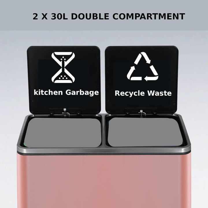 Clevich Mülleimer Küche, 2 x 30 Liter, 2 Fächer, Mülltrennsystem 60L, 2 pcs Kunststoff Inneneimer, S