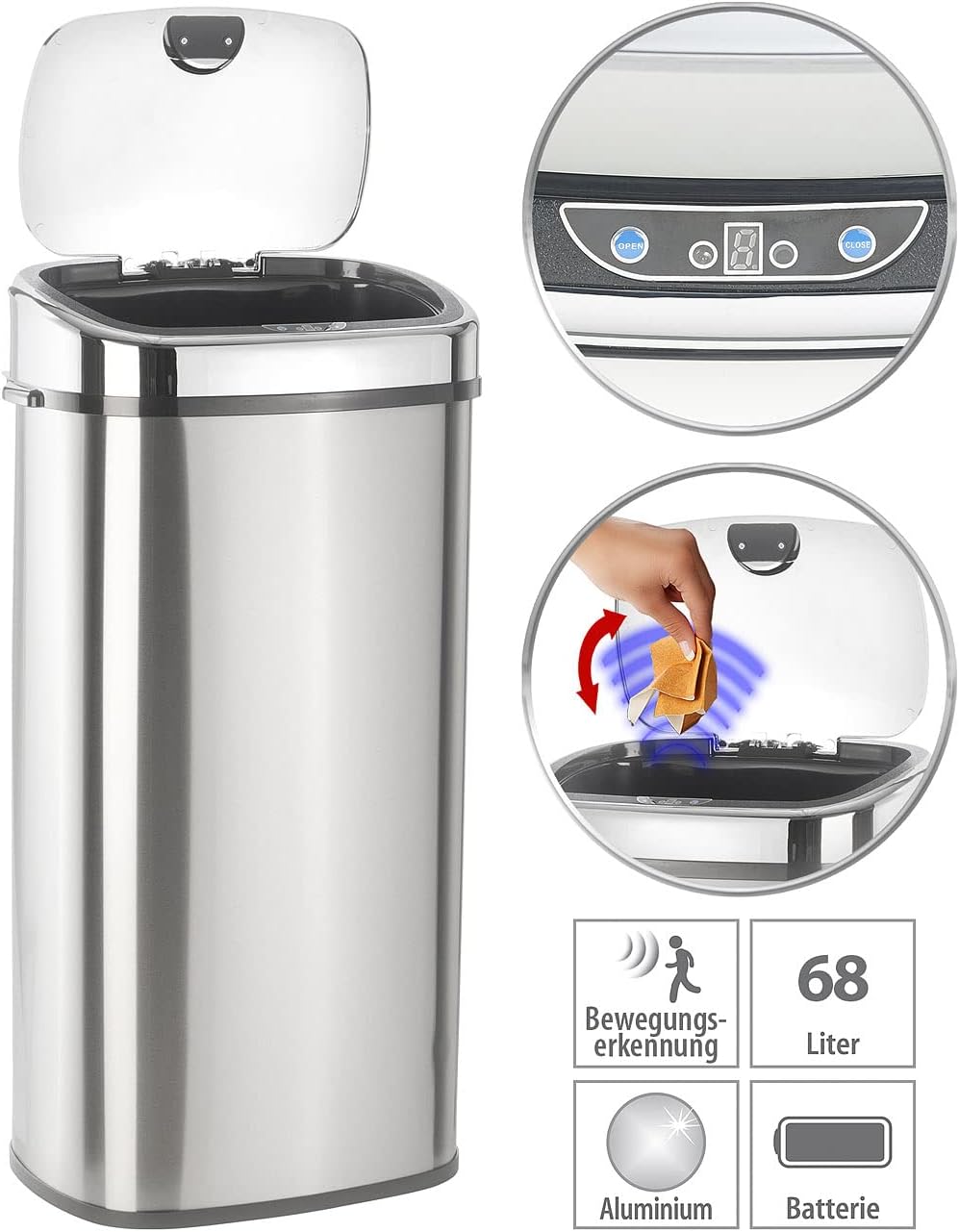 infactory Elektrischer Mülleimer: Abfalleimer mit Hand-Bewegungssensor & Aluminium-Korpus, 68 Liter