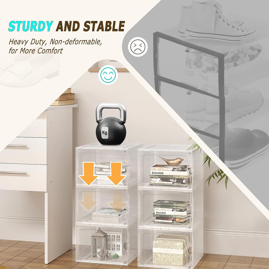 WOLTU Schuhboxen, 3er Set stapelbare Schuhbox, Schuhkarton Schuhkasten, mit magnetischer Tür, transp