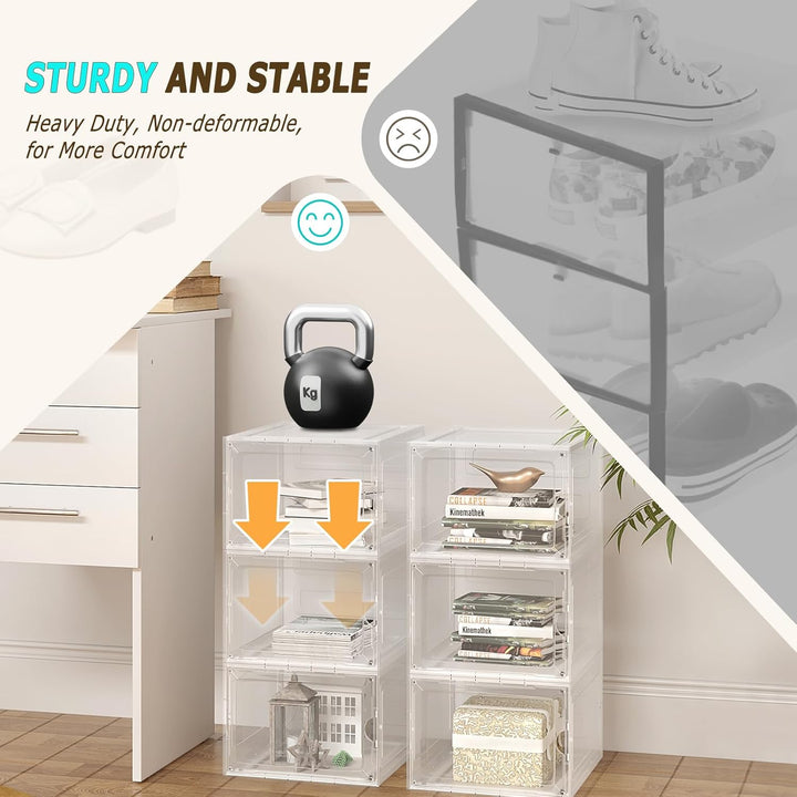 WOLTU Schuhboxen, 3er Set stapelbare Schuhbox, Schuhkarton Schuhkasten, mit magnetischer Tür, transp