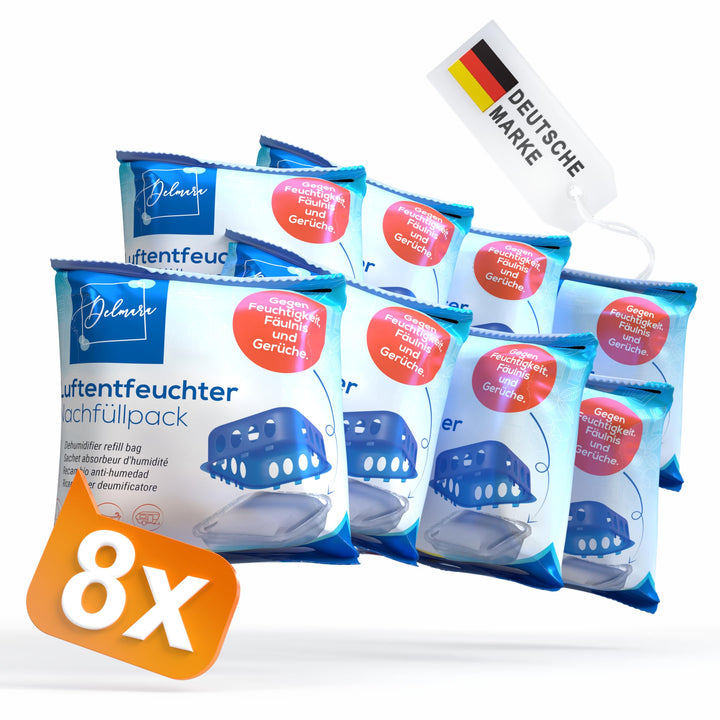 Delmara Luftentfeuchter Nachfüllpack 8x 400g Granulatbeutel – für wiederverwendbare Raumentfeuchter