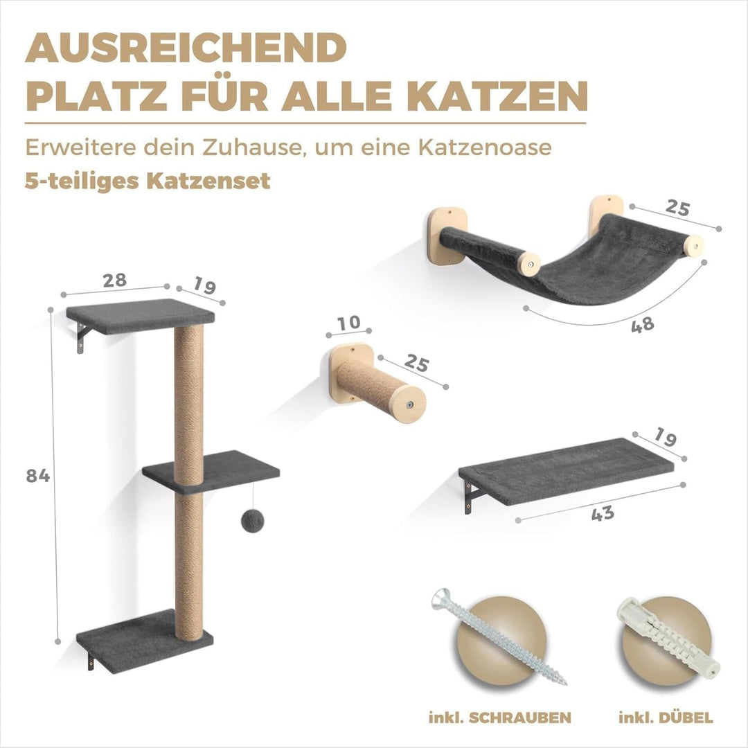 WOOWOOD® Kletterwand Katzen Set inkl. Katzentreppe Wand I Kratzbaum Wand I Hängematte Katze I Wandkr