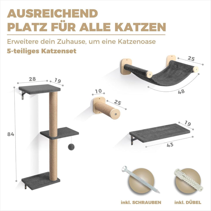 WOOWOOD® Kletterwand Katzen Set inkl. Katzentreppe Wand I Kratzbaum Wand I Hängematte Katze I Wandkr