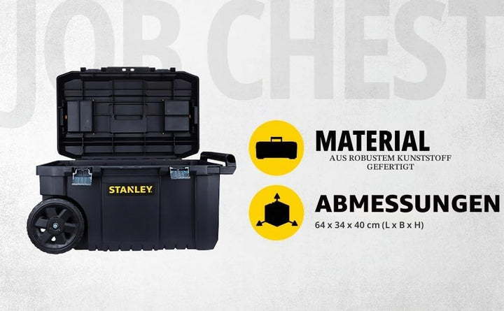 Stanley Essential Mobile Montagebox (50 L, Metallverschlüsse, Teleskopgriff, stabile Räder für schwe