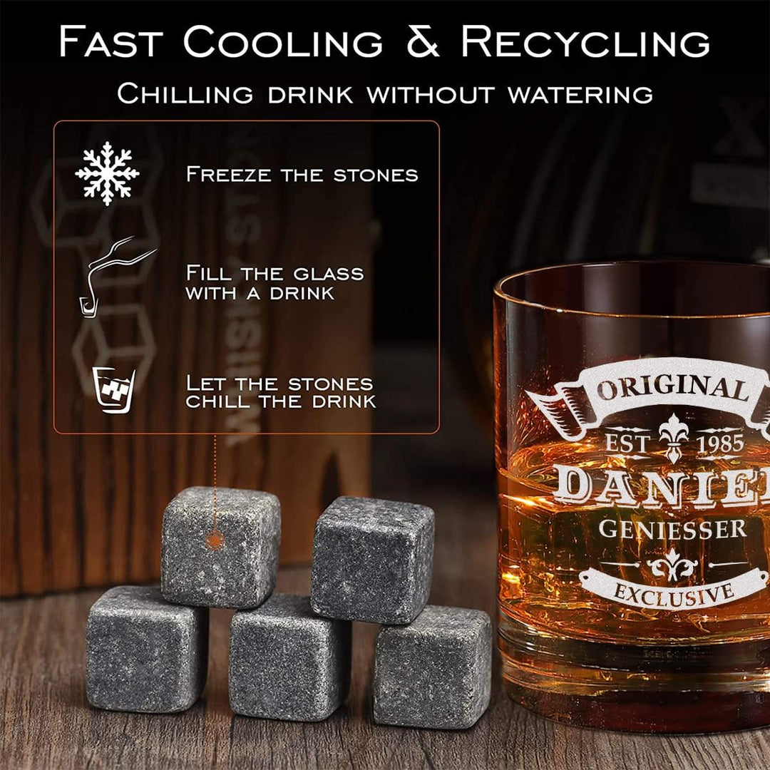 5-TLG Whisky Kühlsteine Set - Holzkiste und Whisky Tumbler mit Wunschgravur - 9x Kühlsteine, 1x Zang