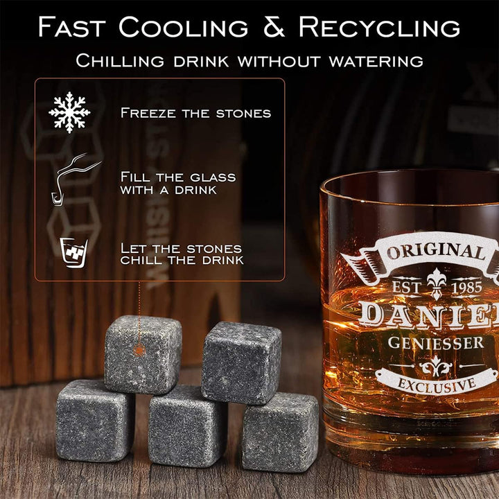 5-TLG Whisky Kühlsteine Set - Holzkiste und Whisky Tumbler mit Wunschgravur - 9x Kühlsteine, 1x Zang