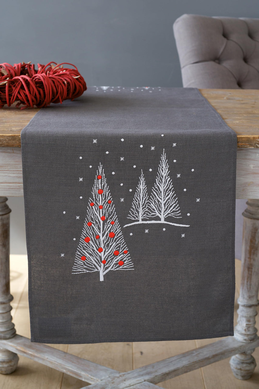 Vervaco Bedruckter Langer Läufer Weihnachtsbäume Stickpackung, Baumwolle, Weiss, 40 x 100 x 0,30 cm