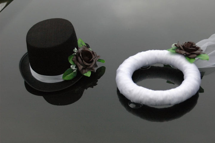 Schleier UND Hut Autoschmuck Rose Car Dekoration Hochzeit Wedding ®Auto-schmuck (Schwarz), Schwarz