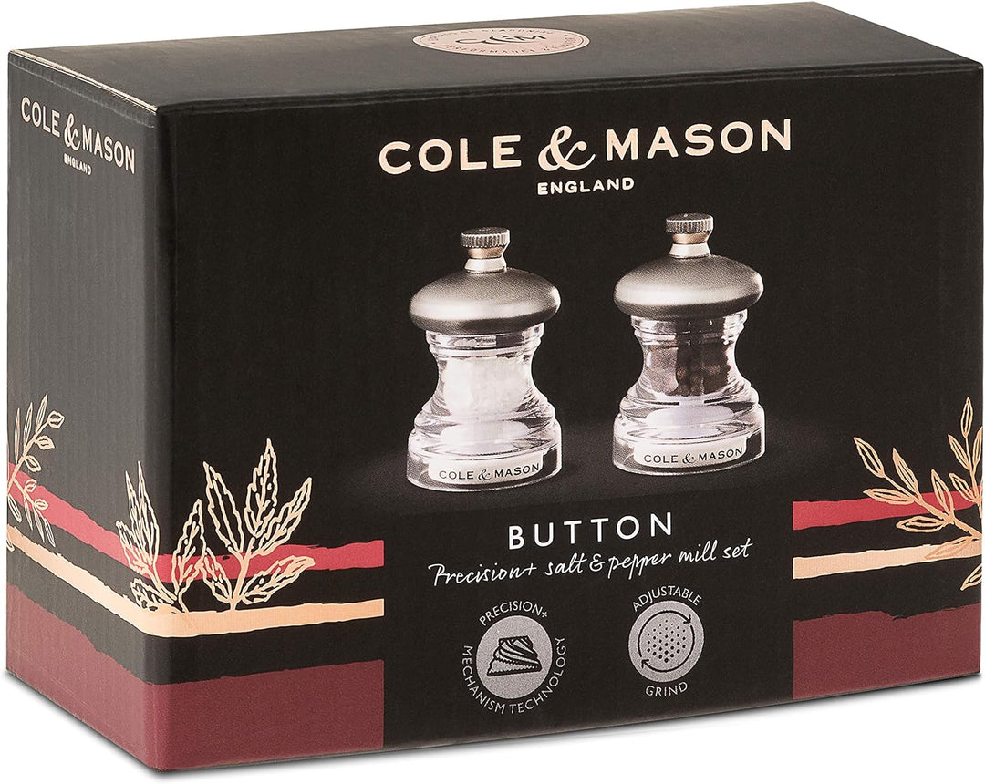Cole & Mason H302418 Button Salz und Pfeffermühle, 2er Set Manuell, Edelstahl / Acryl, 65mm, Precisi