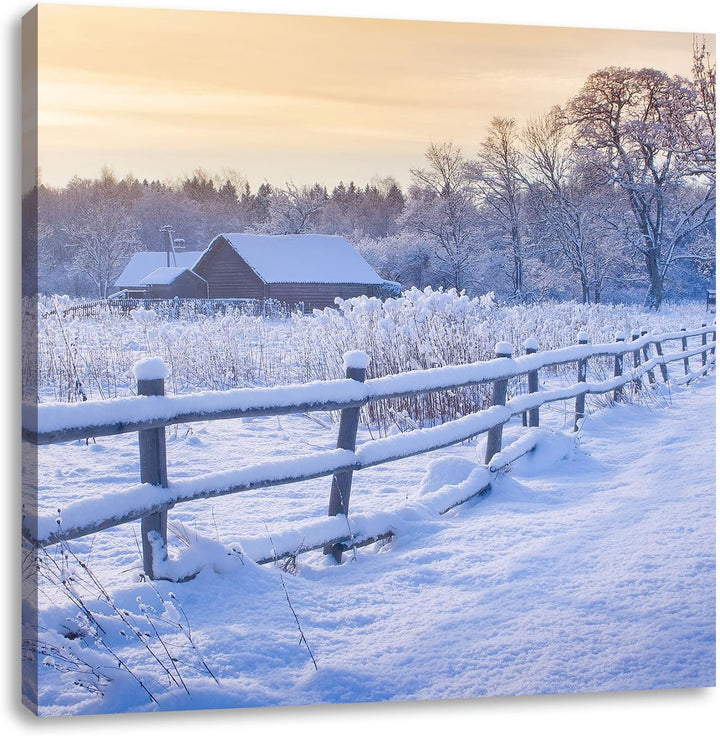 Pixxprint Hütte im Schnee, Format: 70x70 auf Leinwand, XXL riesige Bilder fertig gerahmt mit Keilrah