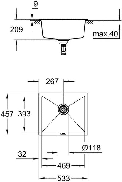 GROHE K700 Unterbau | Kompositspüle | granit grau | 31654AT0, 53.3 x 45.7 cm Grau (Granite Gray) 53.