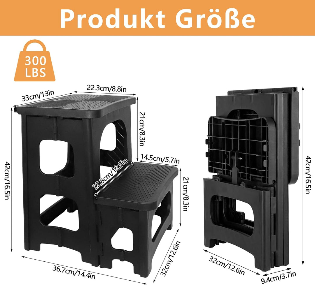 2 Stufen Tritthocker Klappbar, Klapphocker für Kinder & Erwachsene, Tragfähigkeit 300 LBS, Tragbaren