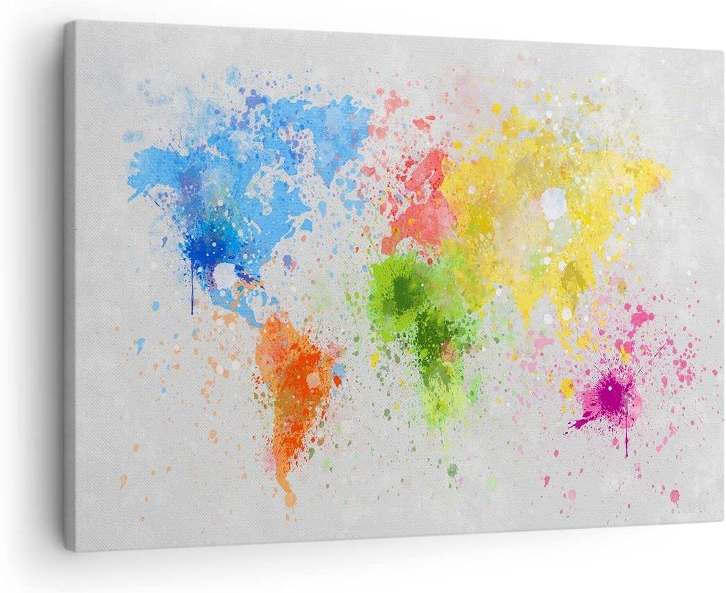 Bilder auf Leinwand Karte Welt modern Leinwandbild mit Rahmen 70x50cm Wandbilder Dekoration Wohnzimm