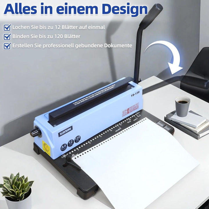 RAYSON Drahtbindegerät, 120 Blatt Binde, 3:1 Teilung, A4, 34-Loch-Doppelschleifen-Drahtbinder mit st