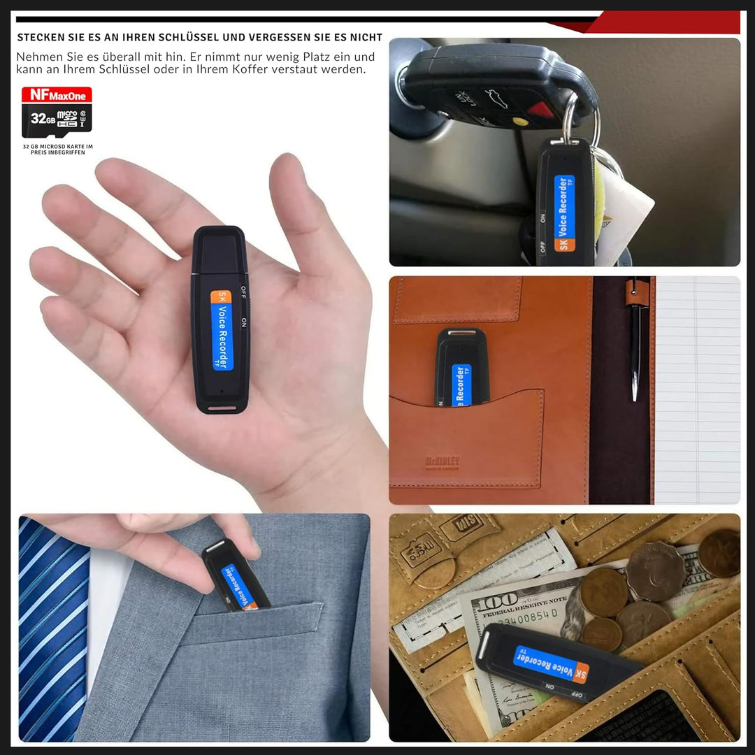 Voice Recorder, Mini-Sprachrekorder, tragbar, 32 GB, USB-Audioaufnahme, ideal für Meetings, Intervie