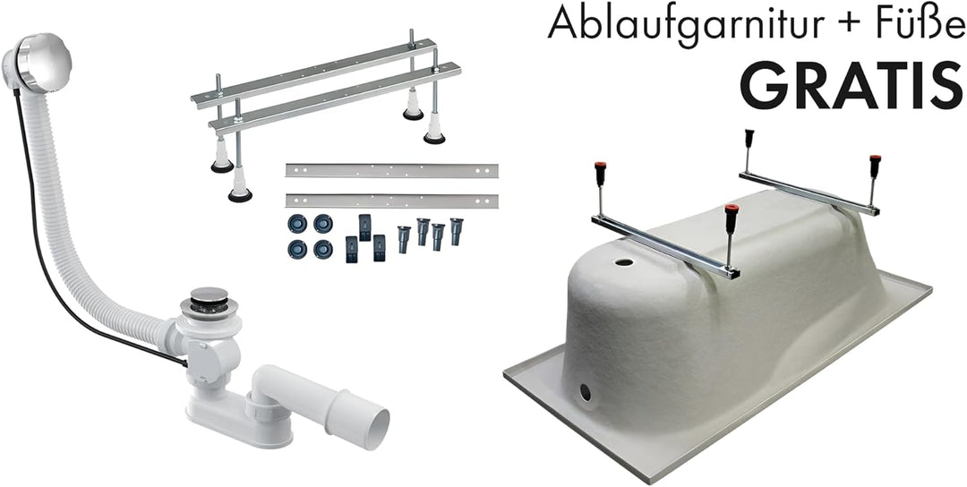 BADLAND Badewanne Original Weiss Acryl Wanne Rechteck QUADRO 190x90 KOMPLETTSET SET + Füssen und Exk