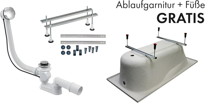 BADLAND Badewanne Original Weiss Acryl Wanne Rechteck QUADRO 190x90 KOMPLETTSET SET + Füssen und Exk