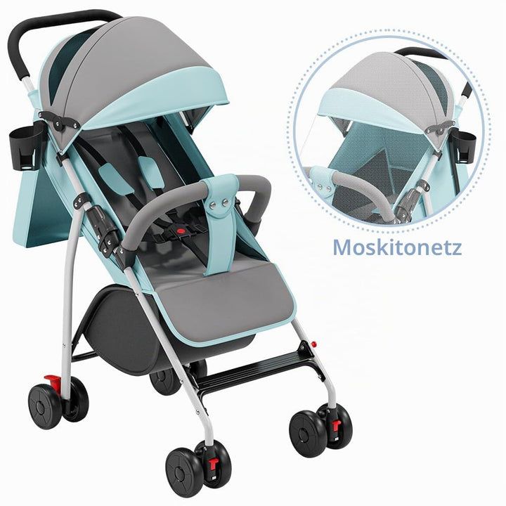 Kinderwagen Buggy Liegefunktion, Leichter 4-Rad Buggy ab 0–4 Jahre, Verstellbare Rückenlehne, Klein