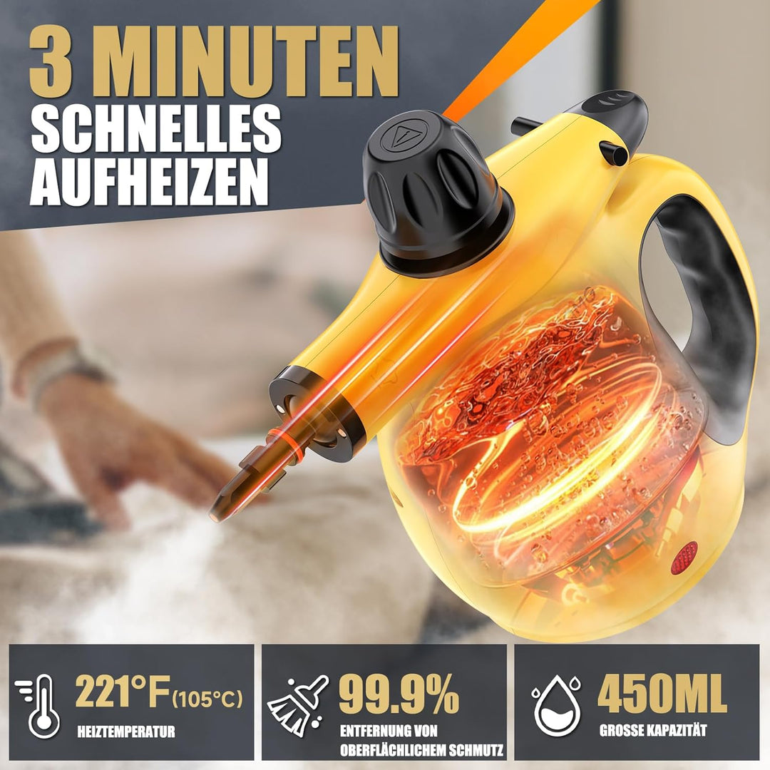 Dampfreiniger Handgerät,450 ml Wassertank 10 Zubehörteile mit Sicherheitsverriegelung Schnellaufheiz