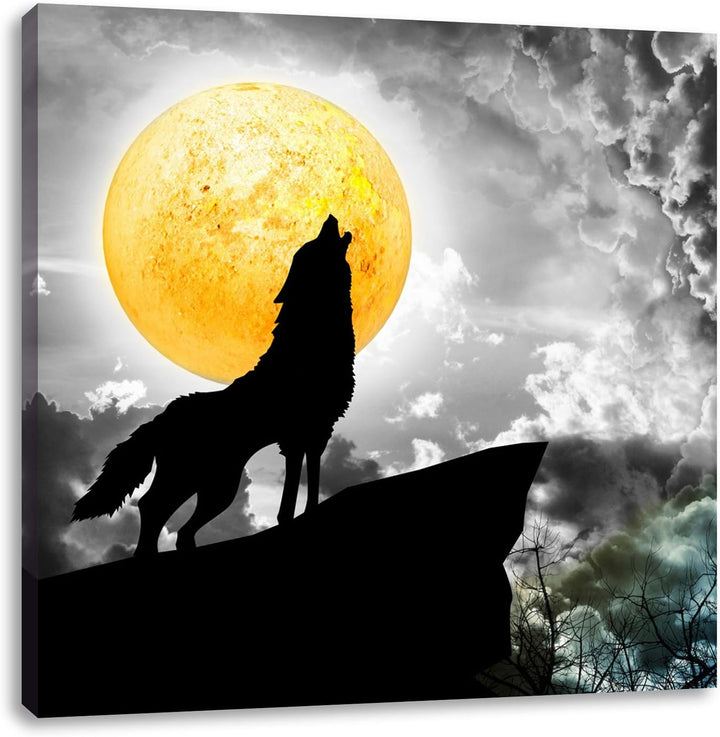 Pixxprint Mystischer Wolf im Vollmond als Leinwandbild/Grösse: 70x70 cm/Wandbild/Kunstdruck/fertig b