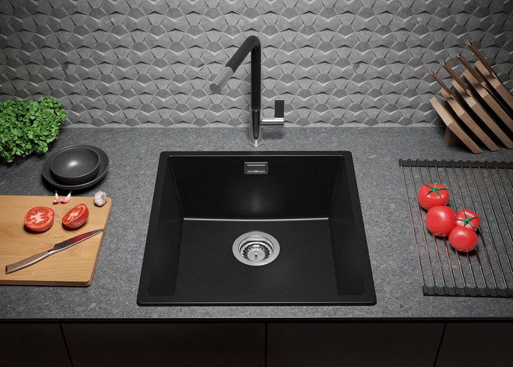 PRIMAGRAN Granitspüle Schwarz 46x47cm, Spülbecken 1 Becken + Ablauf-Set + Küchenarmatur 32x20cm + Sc