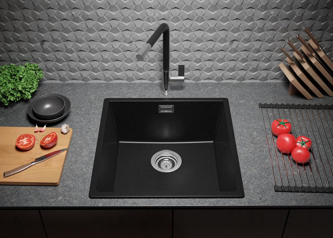 PRIMAGRAN Granitspüle Alles Schwarz 46x47cm, Spülbecken 1 Becken + Ablauf-Set + Küchenarmatur 32x20c
