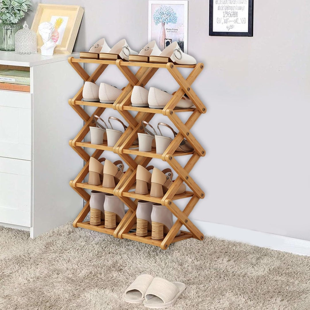 5 Etagen Faltbares Schuhregal aus Bambus, 26 * 24 * 82cm Schuhregal Holz Schmal Zusammenklappbar Bam