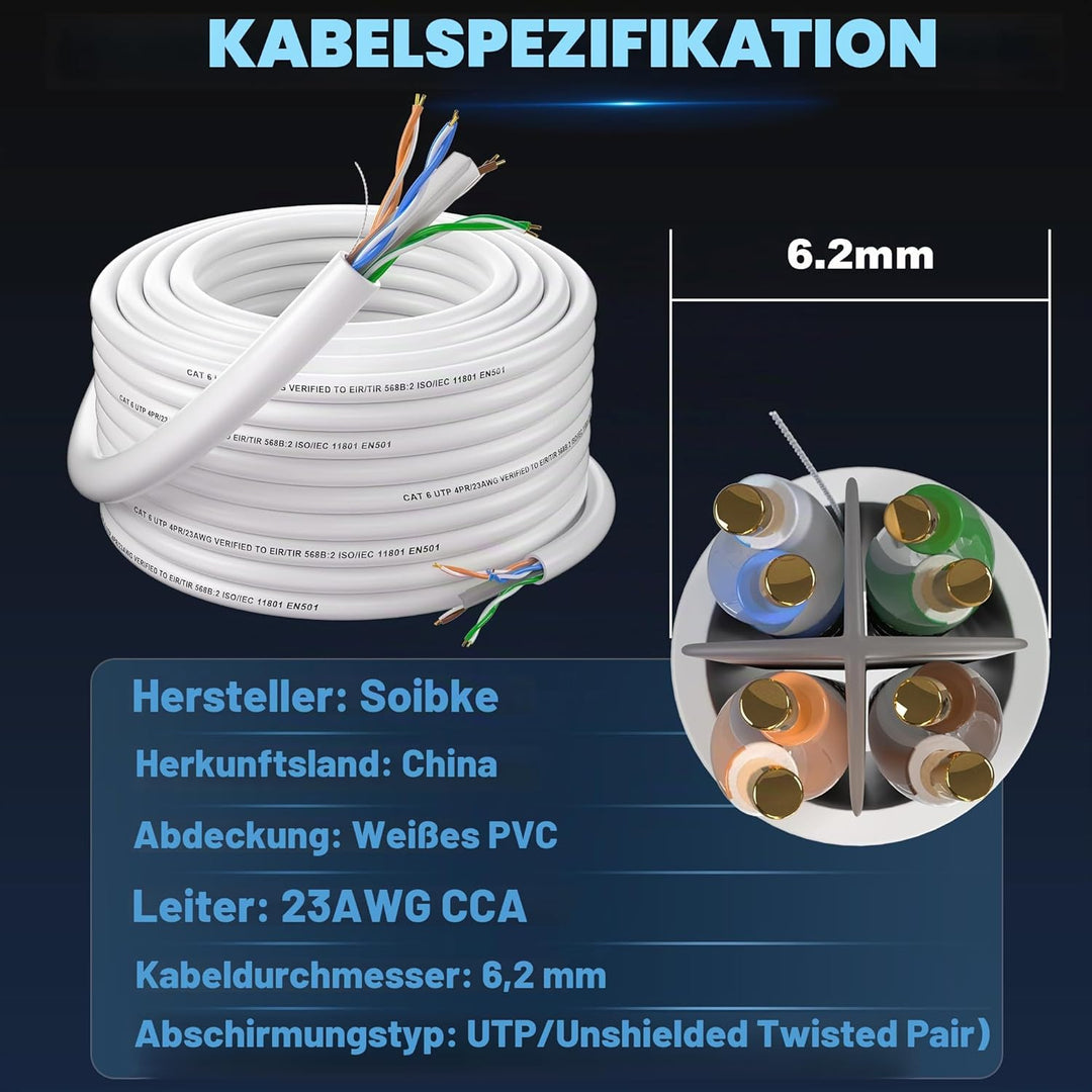 LAN Kabel 80 Meter Outdoor, Cat 6 Netzwerkkabel 80m Ethernet Kabel Verlegekabel Hochgeschwindigkeits