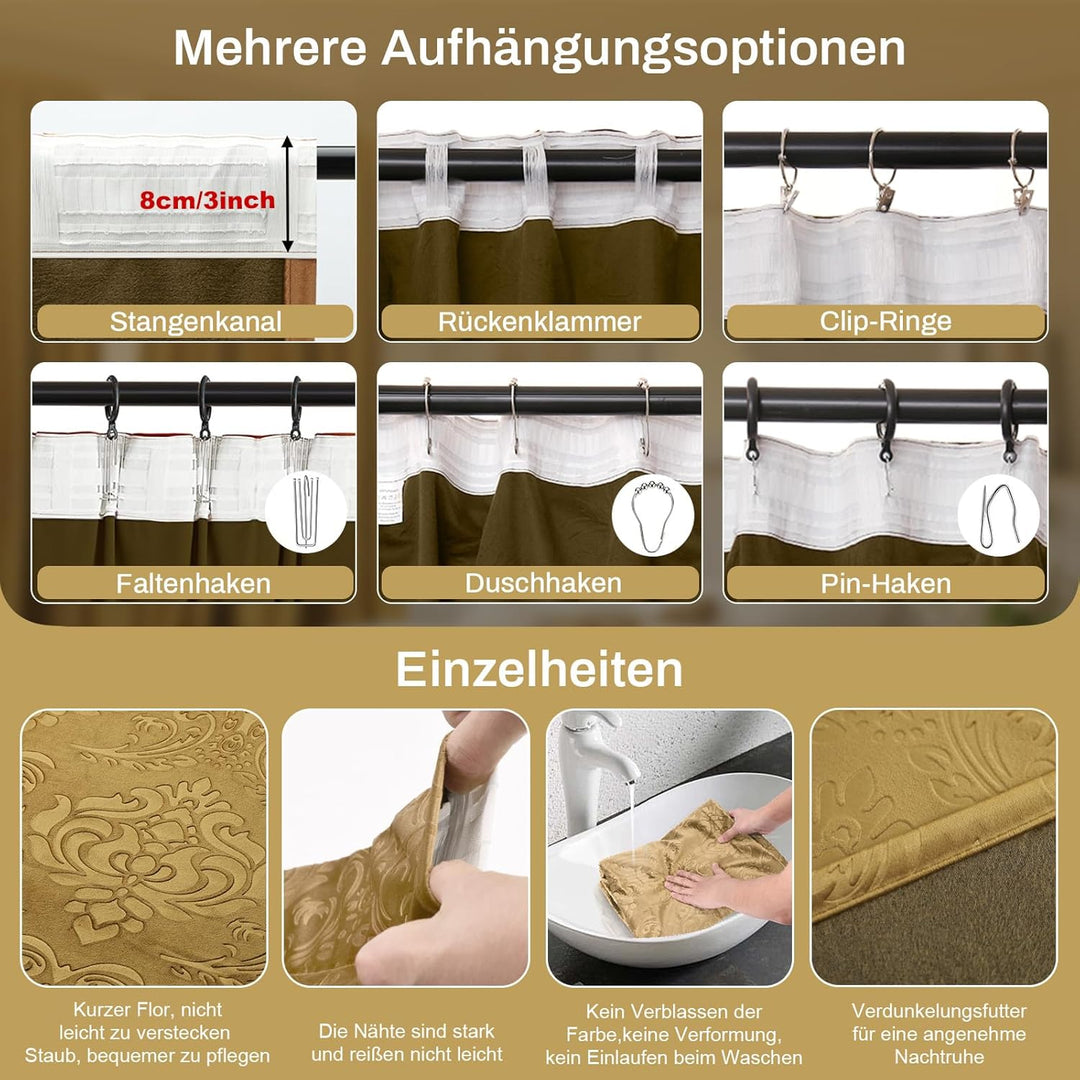 Rosnek 2 Stück Samt Vorhang Blickdicht Kräuselband,H225xB132CM Luxus Vorhänge Schlafzimmer Thermovor