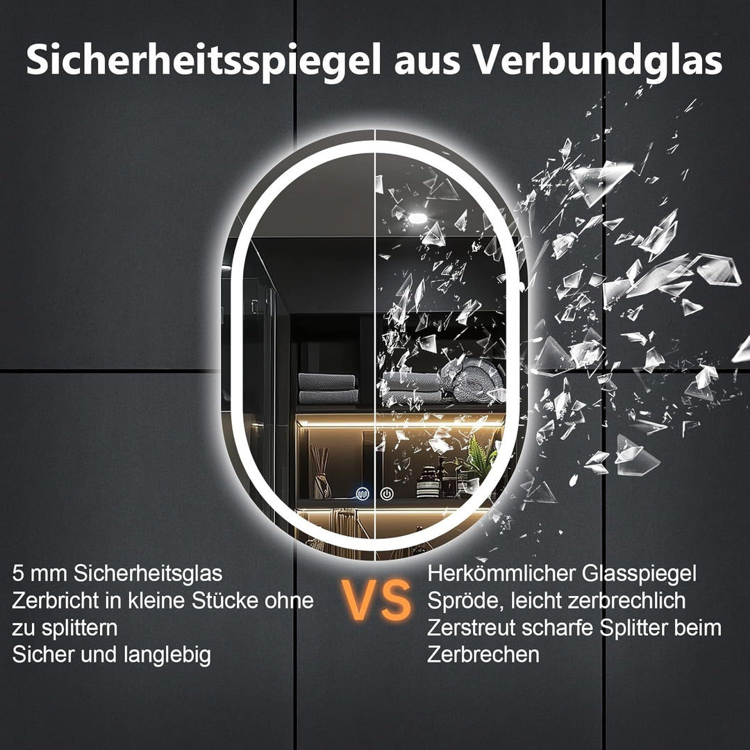 Badspiegel Mit Beleuchtung, 50x70 cm Oval Spiegel mit Beleuchtung, Badspiegel mit Touch-Schalter, Be