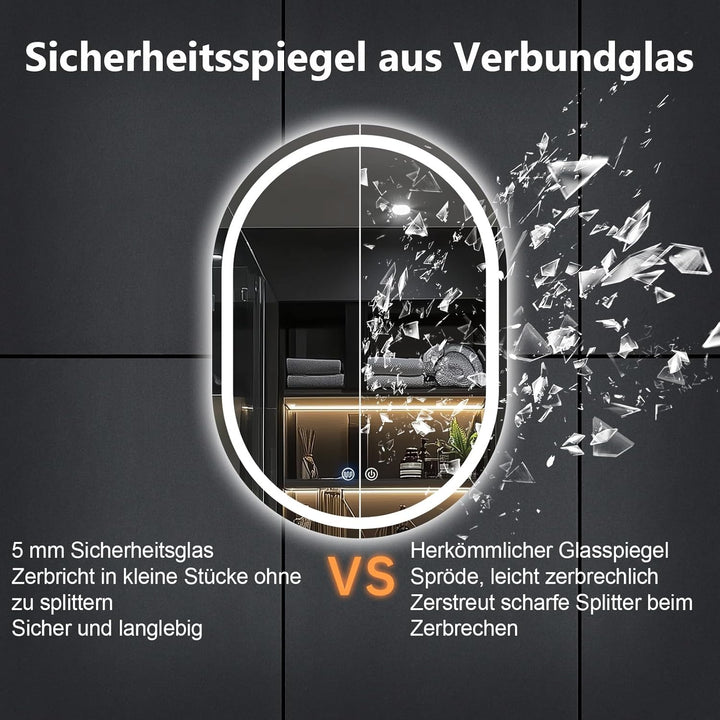 Badspiegel Mit Beleuchtung, 50x70 cm Oval Spiegel mit Beleuchtung, Badspiegel mit Touch-Schalter, Be