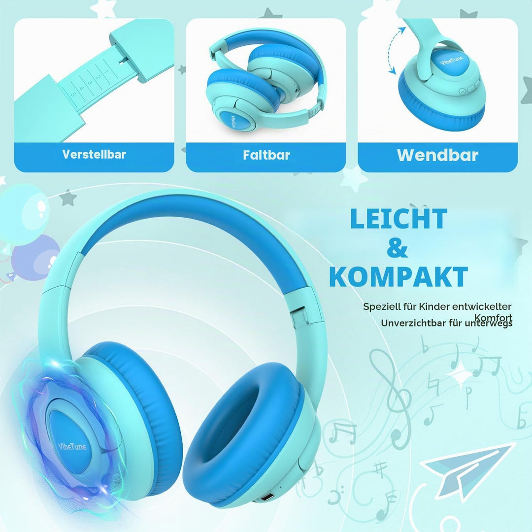 VibeTune Kinder Bluetooth Kopfhörer, 60 Stunden Spielzeit, Lautstärkebegrenzung 85/94dB, Bluetooth 5