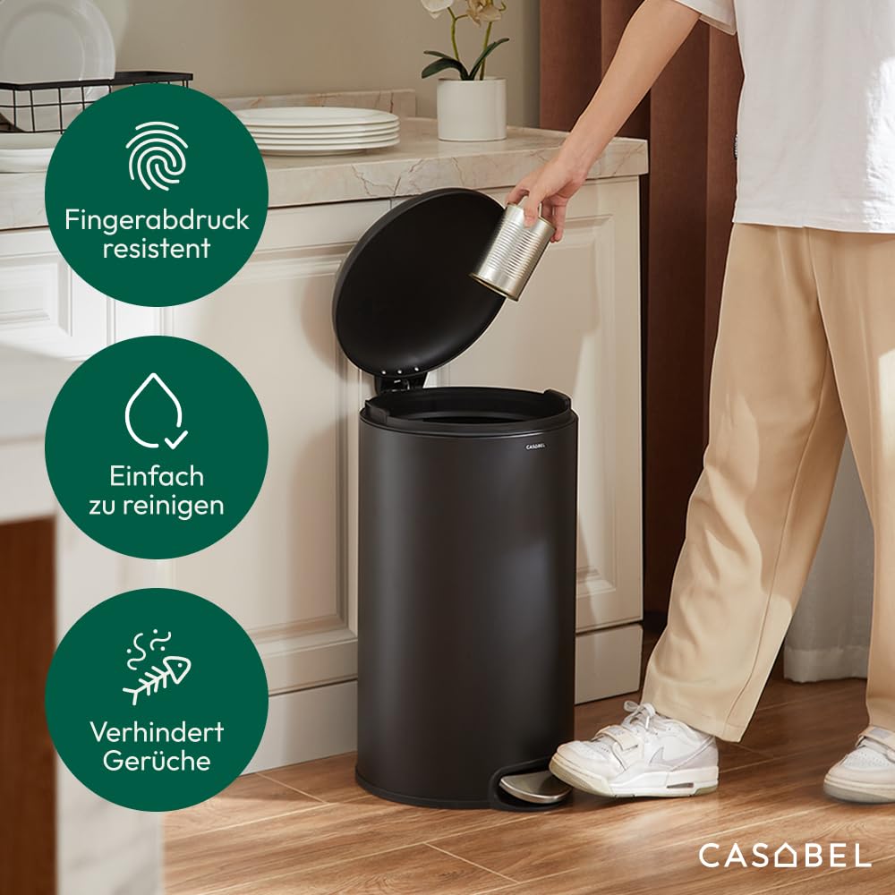 CASABEL runder Küchenabfalleimer 30L, Edelstahl, schwarz 30 liters Schwarz, 30 liters Schwarz