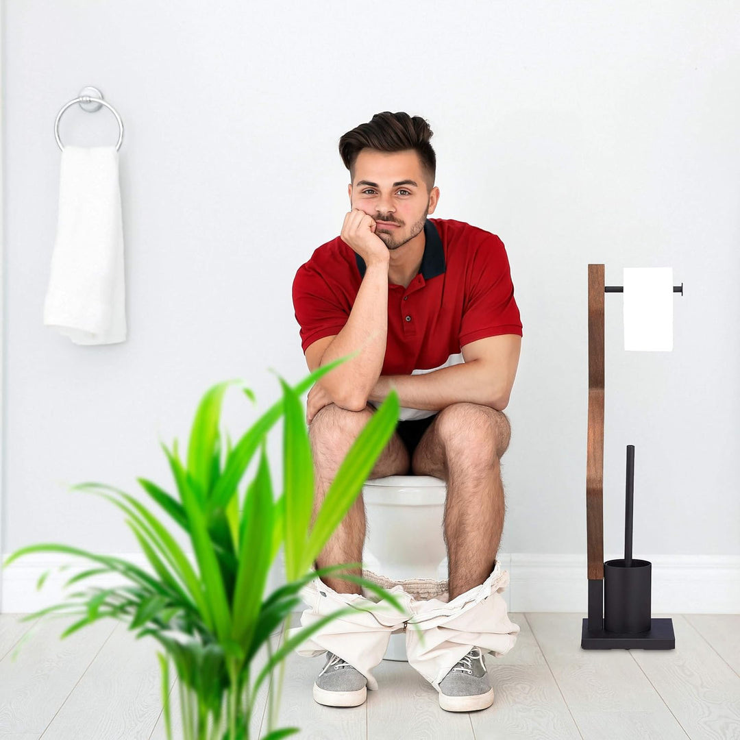 Relaxdays WC Garnitur stehend, Holz und Stahl, Toilettenpapierhalter mit Bürste, 1 Stück, schwarz/br
