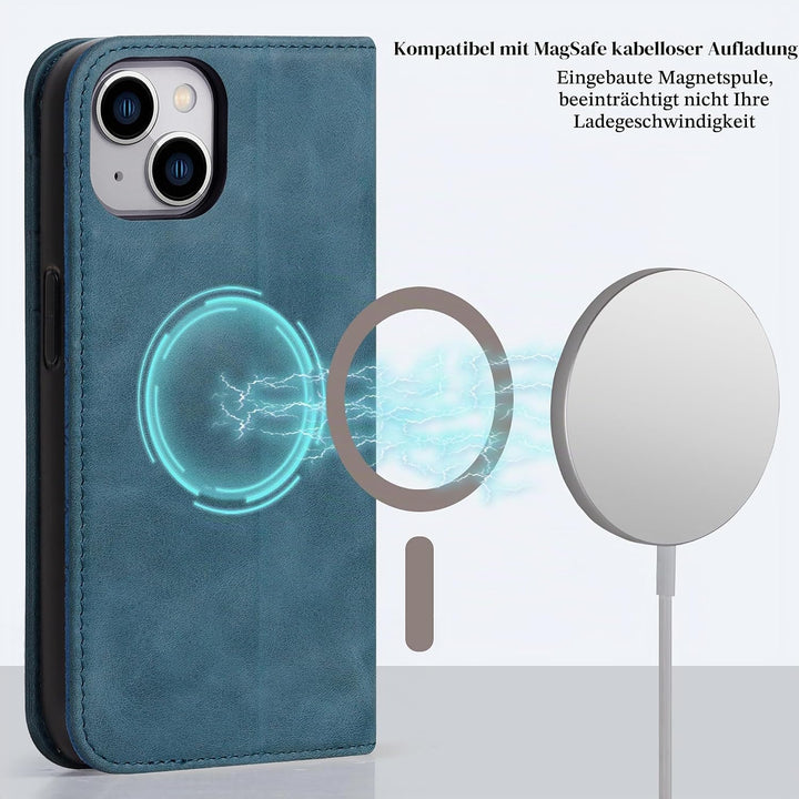 VISOUL Hülle für iPhone 15, Schutzhülle [Echt Leder] [Schützt vor Stoss] [Kartenfach] [Magnetverschl