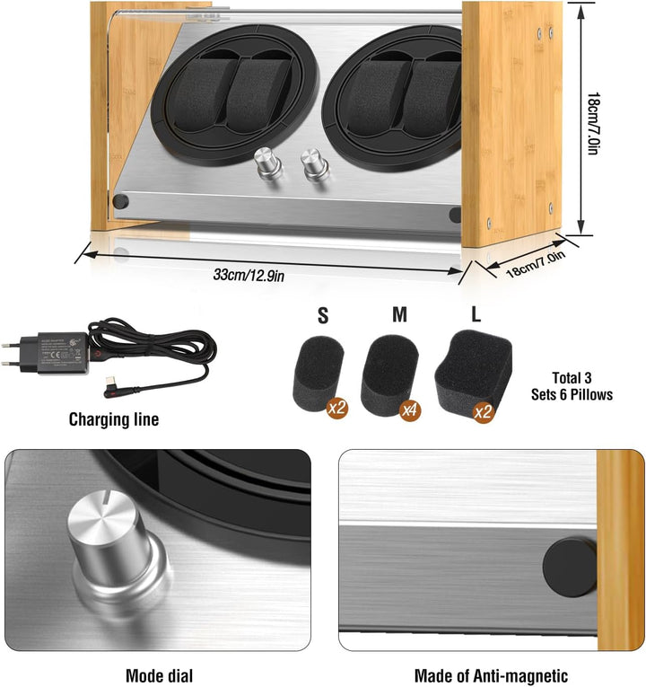Watch Winder Smith Uhrenbeweger aus Bambusholz und Metall für 4 Uhren,