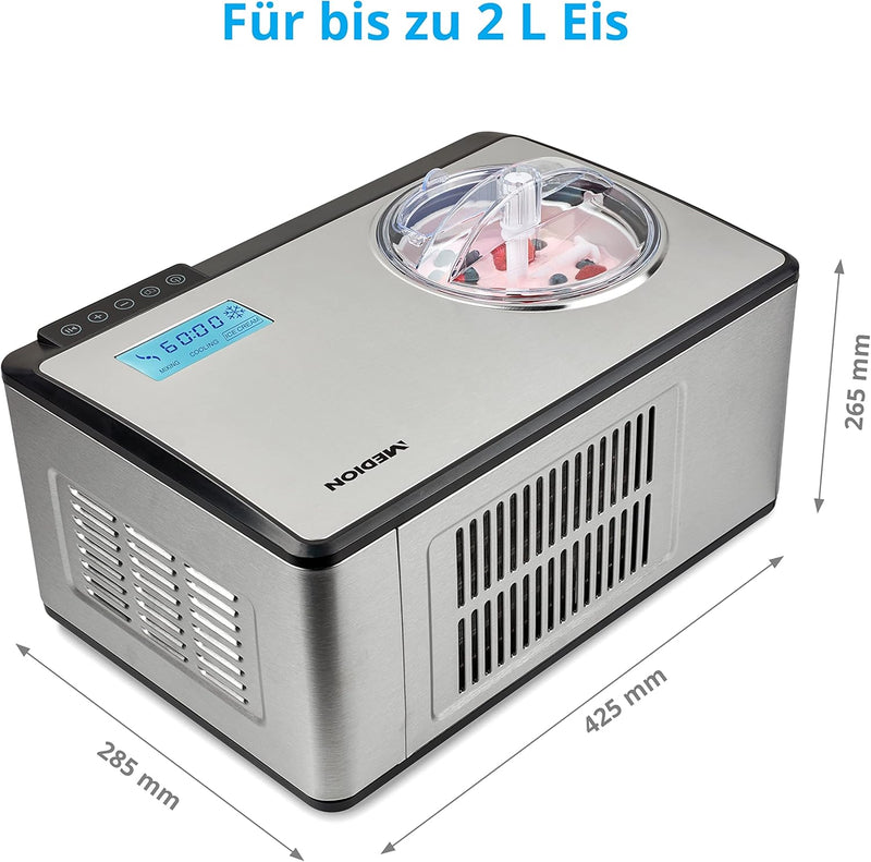 MEDION Eismaschine selbstkühlend mit Kompressor (2 Liter Eis, geeignet für Eiscreme Frozen Joghurt S