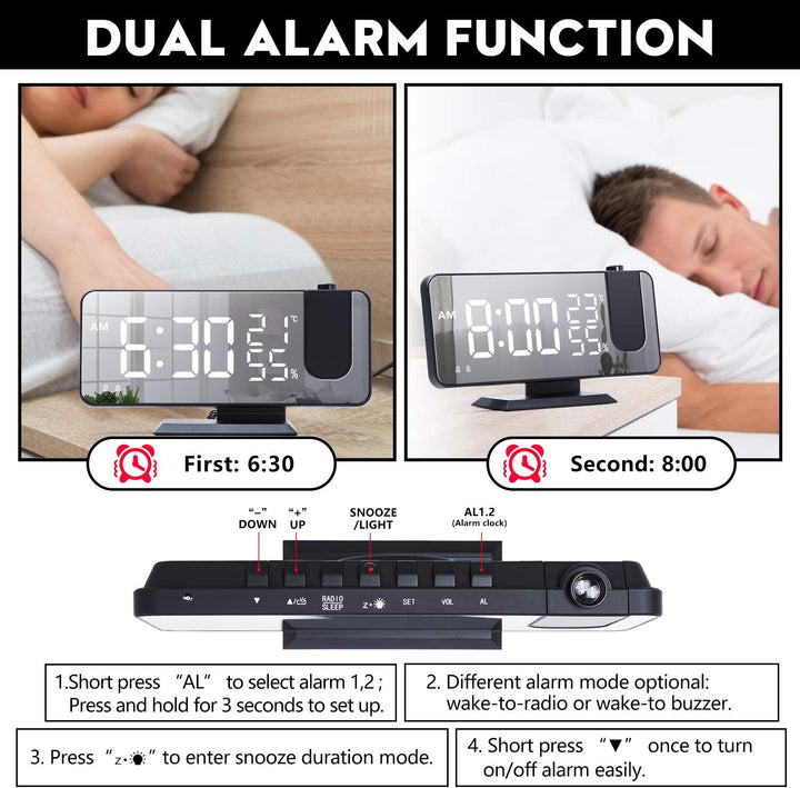 Projektionswecker, Radiowecker Digitaler Wecker mit FM-Radio, 7" LED Spiegelbildschirm, Dual-Alarm m