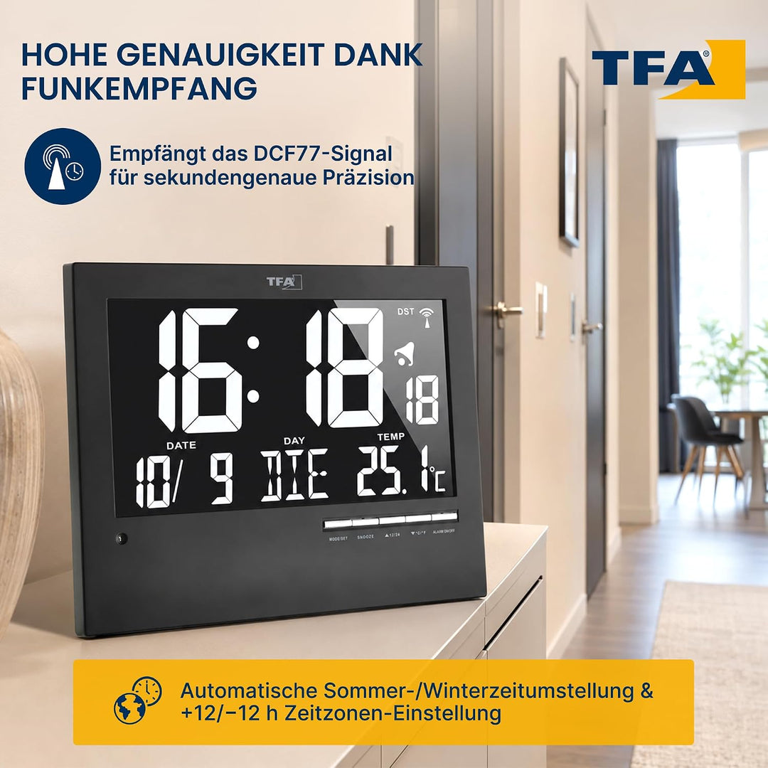 TFA Dostmann Digitale Funkuhr mit automatischer Hintergrundbeleuchtung, mit Innentemperatur, Datum,