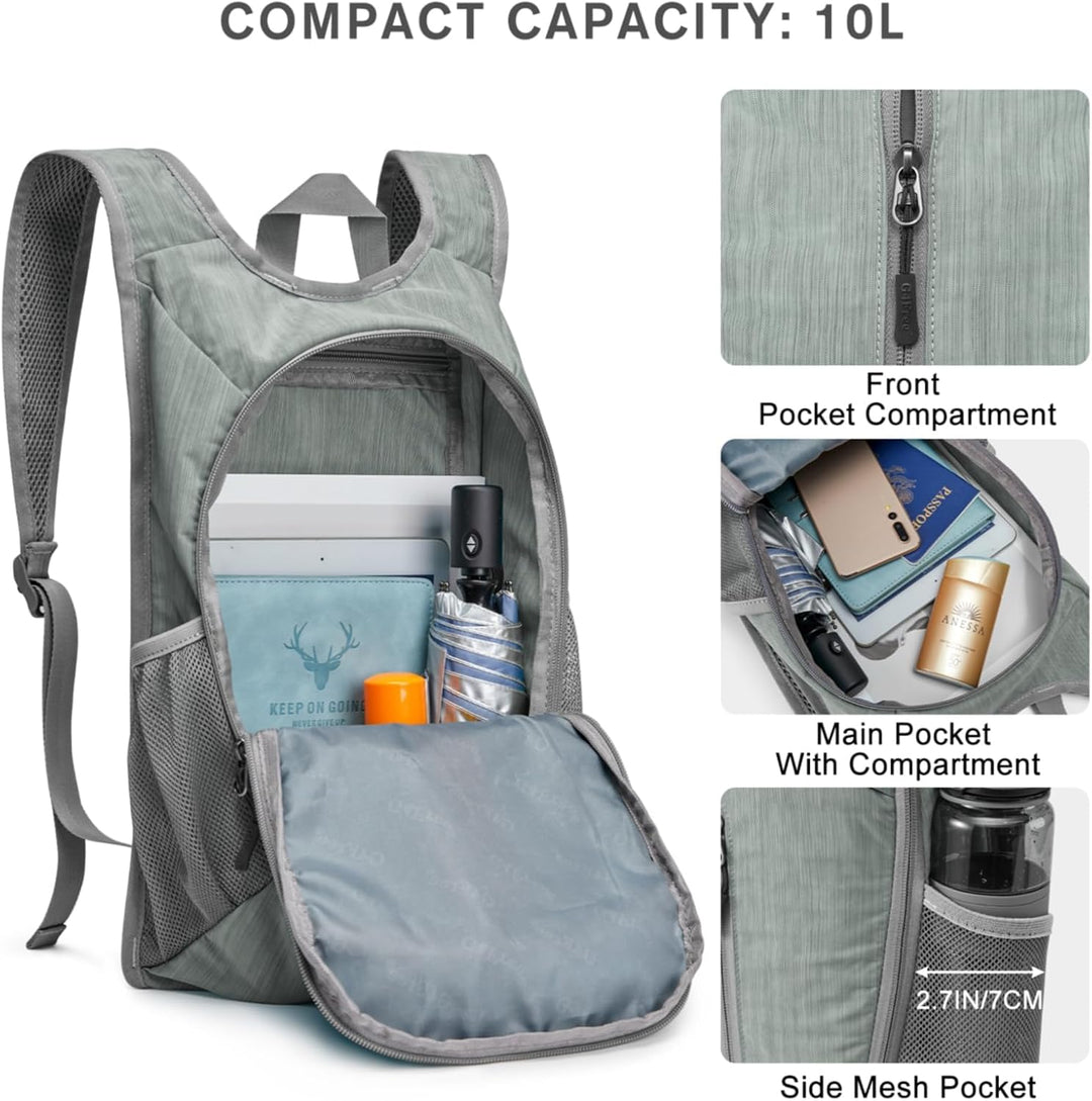 G4Free Wanderrucksack, 10 l, klein, für Reisen, Wandern, Tagesrucksack, leicht, verstaubar Grau 10L,